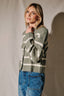 Striped Mock Neck Cable Knit Button Cardigan: OLIVE-CREAM STRIPE