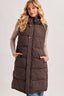 DETACHABLE HOOD ZIPPER LONGLINE QUILTED PUFFER VEST: ASH BROWN