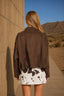 SUEDE EPAULET COLLARED ZIP-UP CROPPED JACKET: DARK BROWN