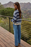 Knit Cotton Striped Crew Neck Long Sleeve Top: Navy