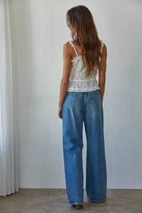 Woven Cotton Eyelet Button Down Square Neck Top: White