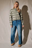 Striped Mock Neck Cable Knit Button Cardigan: OLIVE-CREAM STRIPE