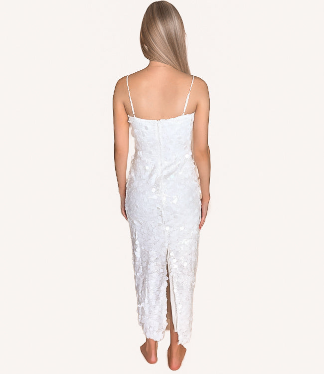 Mix Sequins Spaghetti Strap Back Slit Midi Dress - White