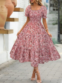 Floral Square Neck Short Sleeve Tiered Dress - Pink