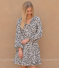 Leopard V Neck Long Sleeves Dress - Beige