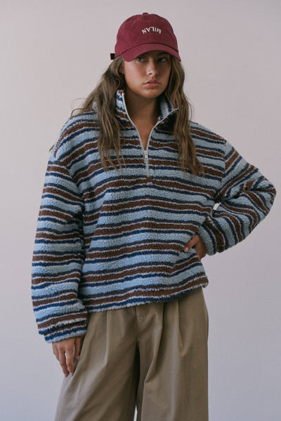 Cozy Stripe Sherpa Half Zip Pullover: BLUE/BROWN