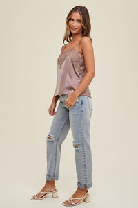 Satin Cami With Lace Trim Detail - Midnight