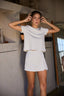 CREW NECK TOP AND HIGH WAIST FRONT SLIT BACK ELASTIC SKORT: ASH GREY