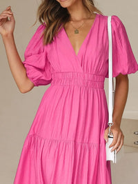 V-Neck Puff Sleeve Midi Dress - Pink