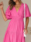 V-Neck Puff Sleeve Midi Dress - Pink