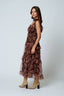FLORAL CHIFFON TIE STRAP RUFFLED TIERED MIDI DRESS: BROWN MULTI