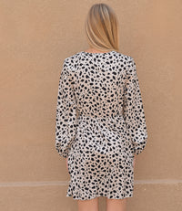 Leopard V Neck Long Sleeves Dress - Beige