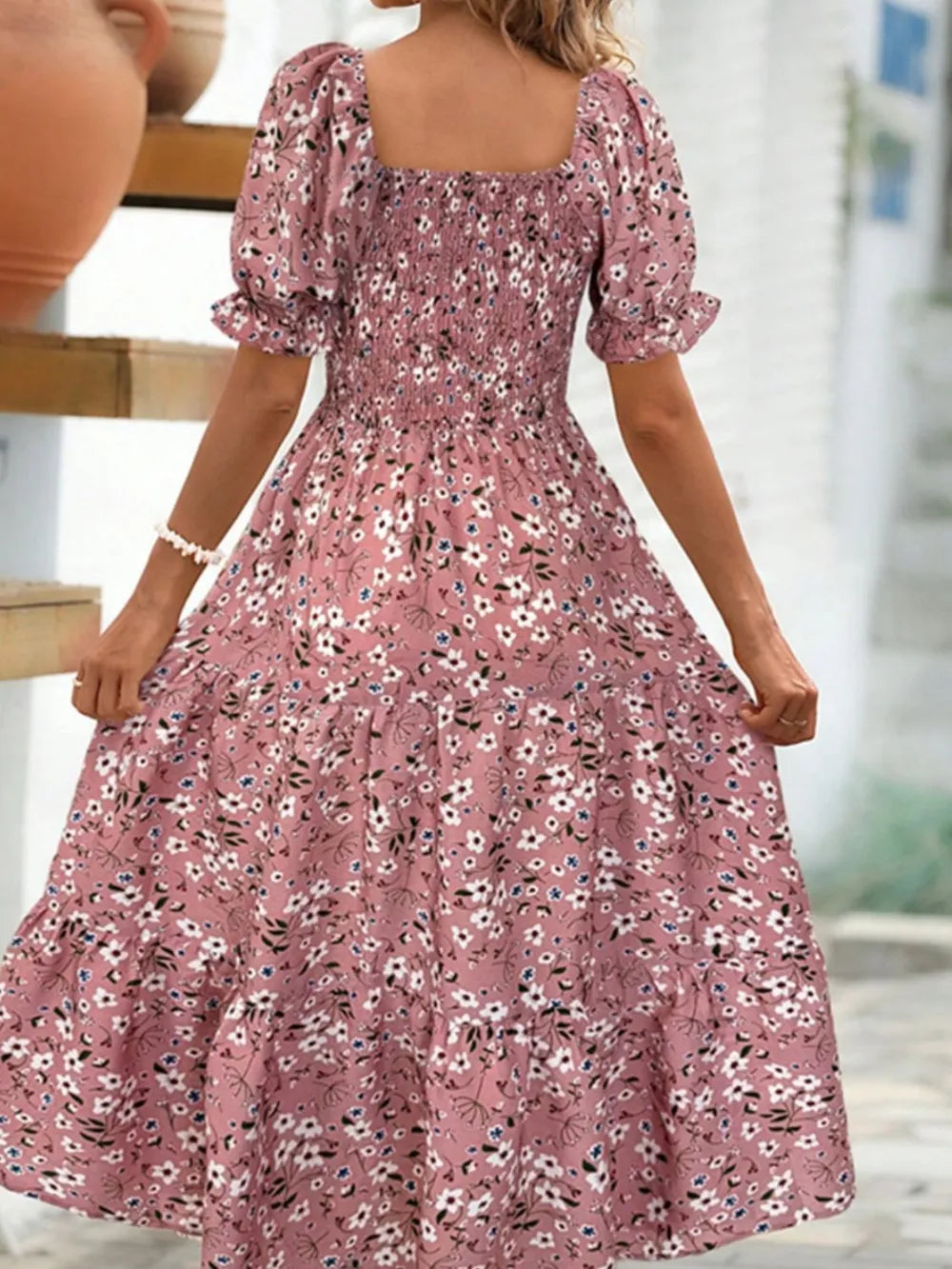 Floral Square Neck Short Sleeve Tiered Dress - Pink