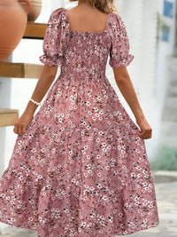 Floral Square Neck Short Sleeve Tiered Dress - Pink