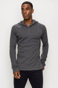 Long Sleeve Henley Hooded Top w/ Buttons