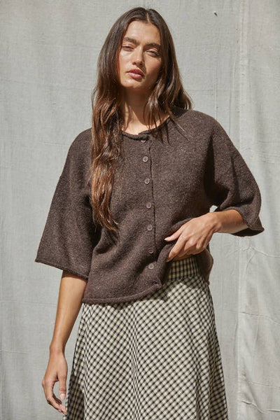 Knit Sweater Quarter Sleeve Button Up Cardigan Top: Dark Brown