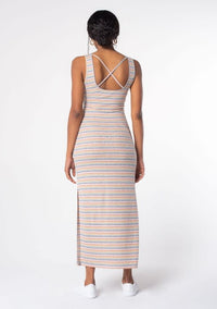 Multi Color Striped Cross Back Maxi Dress - Mustard/Mint