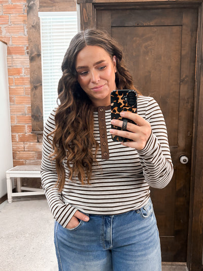 Striped Contrast Trim Henley Long Sleeve Top: BROWN-H GREY
