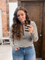 Striped Contrast Trim Henley Long Sleeve Top: BROWN-H GREY