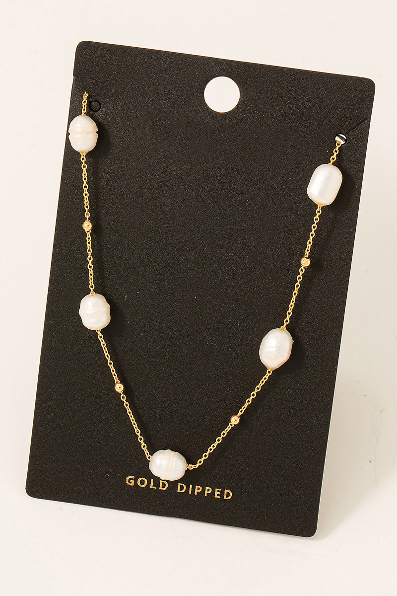 Gold Dipped Pearl Beaded Station Necklace
