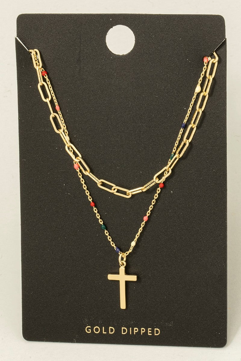 Gold Dipped Multi Enamel Drops Cross Necklace