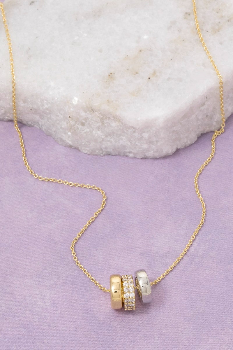 Gold Dipped Cz Triple Ring Charm Necklace