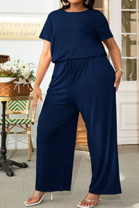 Drawstring Waist Short Sleeve Jumpsuit - Navy