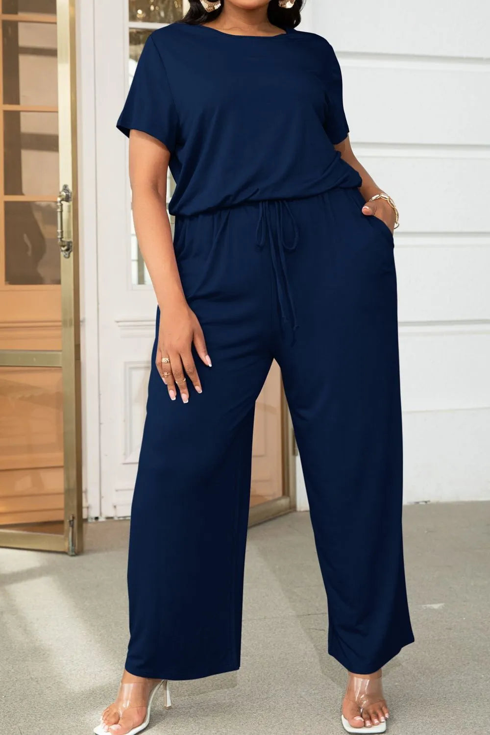 Drawstring Waist Short Sleeve Jumpsuit - Navy