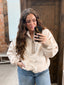 Cozy Cabin Gingham Trim Sherpa Fleece Half-Zip Pullover: CREAM