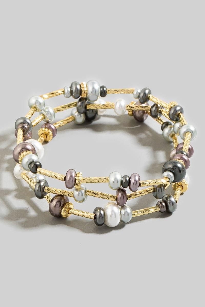 Pearls And Twisted Metallic Bars Bracelet Set
