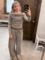 OFF SHOULDER LONG SLEEVE TOP: BROWN-CREAM STRIPE