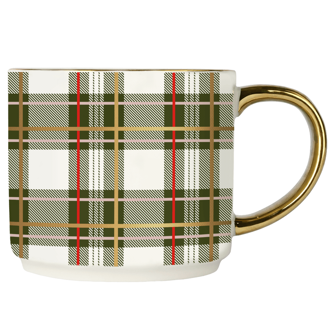 Green Plaid 14oz. Gold Handle Coffee Mug