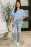 Counter Part Crinkle Woven V-Neck Top in Cornflower Blue