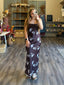SPAGHETTI STRAP FOLD DETAIL BIAS MIDI DRESS: BROWN-LT BLUE FLORAL