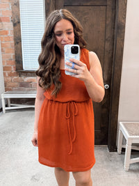 Waffle-Knit Drawstring Mini Tank Dress - Rust
