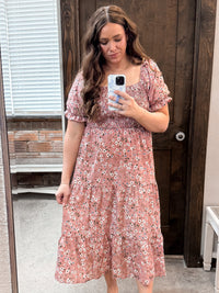 Floral Square Neck Short Sleeve Tiered Dress - Pink