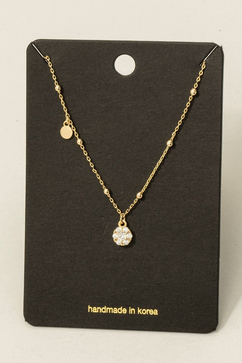 Cz Studded Flower Disc Pendant Necklace