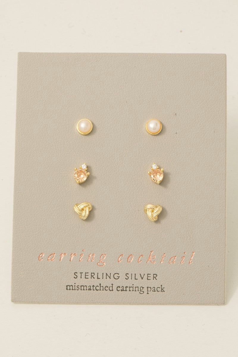 Pearl Knot And Gems Sterling Silver 3Pc Stud Earrings Set