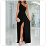 One-Shoulder High Slit Dress: Black - L