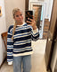 Knit Cotton Striped Crew Neck Long Sleeve Top: Navy