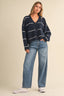 STRIPED BUTTON DOWN  KNIT CARDIGAN: NAVY
