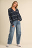 STRIPED BUTTON DOWN  KNIT CARDIGAN: NAVY