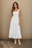 FLORAL EYELET TIE FRONT CORSET MIDI DRESS: CREAM MULTI