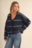 STRIPED BUTTON DOWN  KNIT CARDIGAN: NAVY