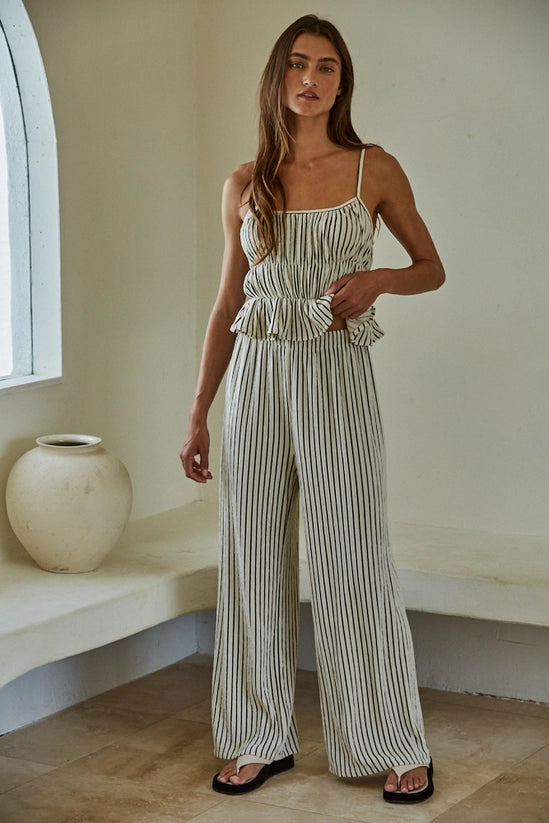 Woven Polyester Spandex Striped Straight Leg Pants: Natural Black