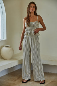 Woven Polyester Spandex Striped Straight Leg Pants: Natural Black