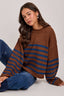 LOOSE FIT STRIPE FALL CREW NECK SWEATER TOP: BROWN/BLUE