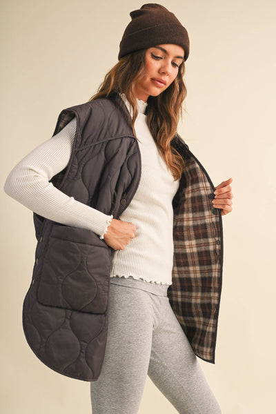 REVERSIBLE OVERSIZED QUILTTED PLAID VEST: Brown