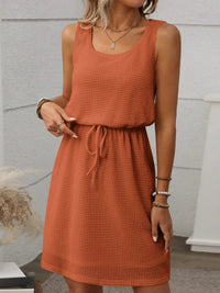Waffle-Knit Drawstring Mini Tank Dress - Rust