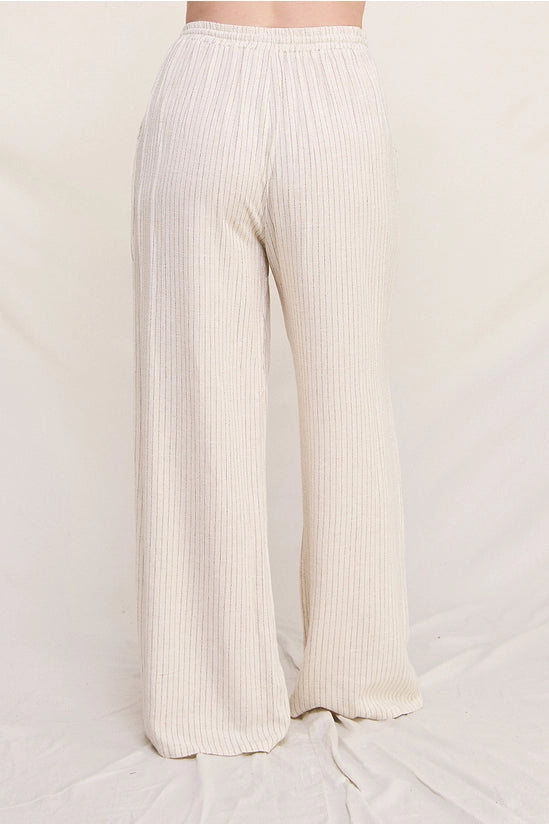 Curvy Size Striped Linen Smock Waist Pants: Natural